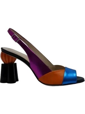 Poletto  Hakiki Deri Sax Mavı-Turuncu-Fusya-Sıyah Sandalet Topuklu 319 255