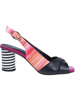 Poletto  Hakiki Deri Sıyah-Pembe-Fusya-Beyaz Sandalet Topuklu 1918 43 Kms