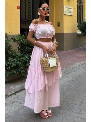 Nidam Butik Büzgülü Crop Kat Detaylı Fırfır Etekli Takım 10196