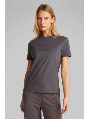 Kadın Ck Applique Regular T-Shirt - Gri