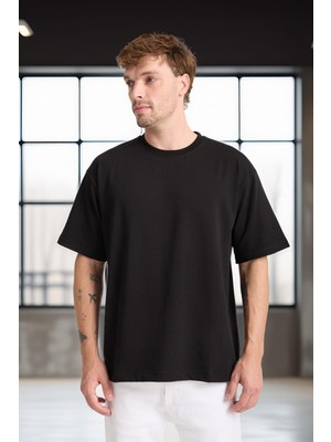 Valiberta Iki Iplik Kumaş Pamuklu Bisiklet Yaka Basic Oversize Erkek T-Shirt - Siyah