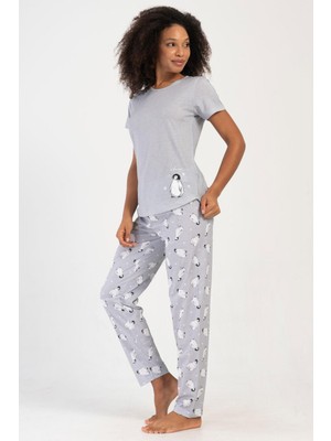 Kadın Kısa Kol Gri Pijama Takımı  %100 PAMUK C0T5N1O504