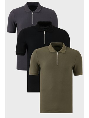 Buratti Pamuklu Regular Fit Yarım Fermuarlı 3'lü Paket Polo Yaka T Shirt Erkek Polo Yaka T Shirt 5902434S3