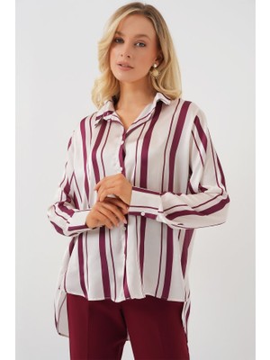 Passense Çizgili Uzun Saten Gömlek 20291 - Bordo