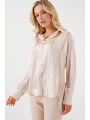 Passense Çizgili Uzun Saten Gömlek 20291 - Bej