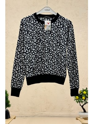 Leopar Desen Sıfır Yaka Süet Sweat