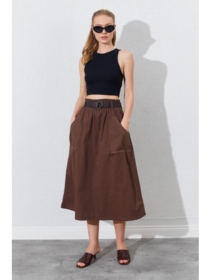 Kadın Kahve Palaska Kemerli Önü Cepli Gabardin Etek