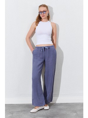 Kadın Gri Beli Ip Bağlamalı Keten Yan Cepli Bol Paça Pantolon