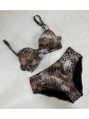 Kadın Kahverengi Leopar Desenli Astarlı Büyük Beden Bikini Takımı HZL25S-LC25006