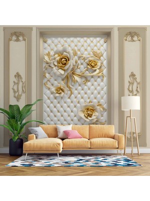 3D Ahşap Panel Altın Gül Duvar Kağıdı Baskı