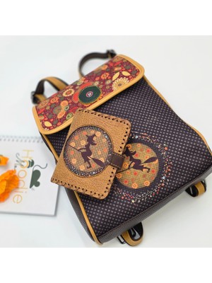 Cadı Figürlü Kapaklı Sırt Çantası Kahverengi, Cüzdan Hardal Etnik Bohem Style Kombin