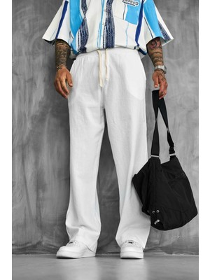 Erkek Baggy Fit Keten Görünümlü Pantolon Beyaz
