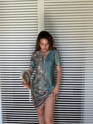 Defy Moda Kadın Kısa Kollu V Yakalı Çiçek Baskılı Midi Süprem Elbise