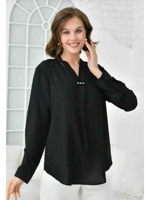 Kadın Büyük Beden Fular Detaylı Saten Bluz