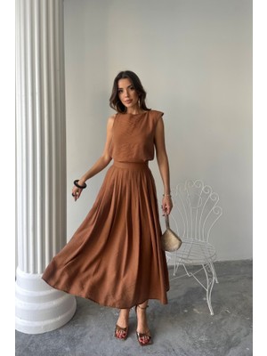 La Mode Istanbul Keten Kolsuz Bluz - Maxi Etek Takım - Kahverengi