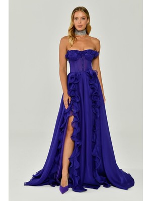 Alfa Beta Straplez Fırfırlı Çift Yırtmaçlı Şifon Uzun Abiye Elbise