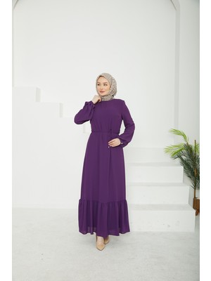 Armine Trend Etek Ucu Tül Desenli Fermuarlı Elbise-Açık Mor-25YT924