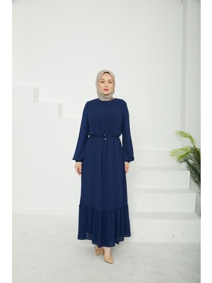 Armine Trend Etek Ucu Tül Desenli Fermuarlı Elbise-Lacivert-25YT924