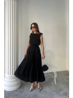 Gökyüzü Moda Keten Kolsuz Bluz - Maxi Etek Takım - Siyah