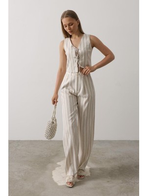 Aisha Elbise Çizgili Yelek Takım - Beyaz-Taş