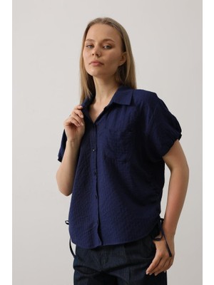 Passense Yanlar Büzmeli Kısa Balon Kol Gömlek - Lacivert