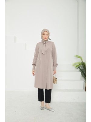 Armine Trend Gizli Düğmeli Yakası Kurdele Detaylı Tunik-Vizon-25YT450