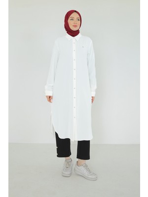 Armine Trend Gömlek Yaka Boydan Düğmeli Tunik-Beyaz 25YT448
