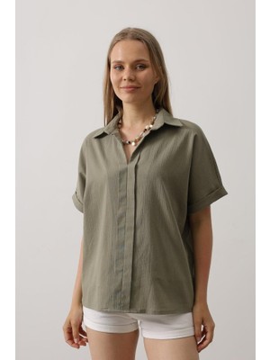 Passense Double Kol Keten Bluz - Haki