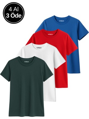 Kadın 4'lü Paket Antrasit-Beyaz-Kırmızı-Mavi Oversize Tişört %100 Pamuk Bisiklet Yaka T-Shirt