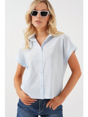 La Mode Istanbul Çizgili Kısa Kol Gömlek 20324 - Açık Mavi