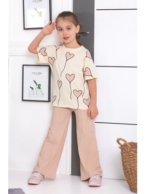 Ispanyol Paça Tayt Pantolon Kalp Baskılı Oversize Tshirt Kız Çocuk Alt Üst Takım
