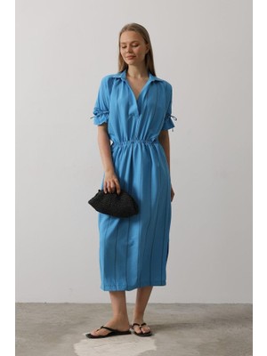 Nidam Butik Beli Lastikli Elbise - Mavi