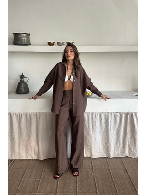Gökyüzü Moda Gömlek-Pantolon Takım Cupra Kumaş - Kahverengi