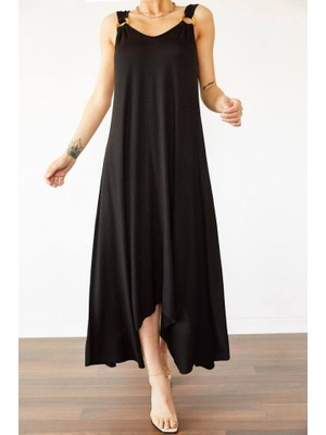 Gökyüzü Moda Kadın Çan Dokuma Kumaş V Yaka Asimetrik Kesim Elbise