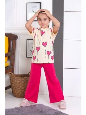 Ispanyol Paça Tayt Pantolon Kalp Baskılı Oversize Tshirt Kız Çocuk Alt Üst Takım