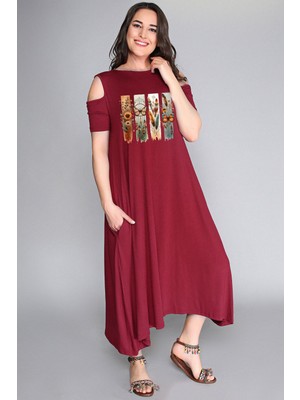 Büyük Beden Bohem Kelebek Baskılı Omuz Açık Elbise