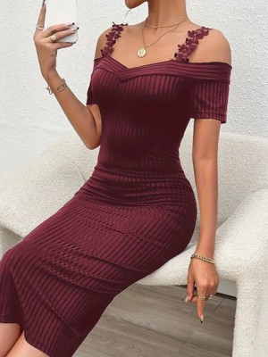 Passense Kadın Omuzlardan Açık Dantel Askılı Fitilli Kaşkorse Midi Elbise