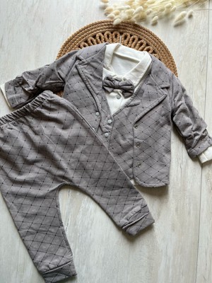 Fukukum Baby Ceketli Yelek Detaylı Papyonlu 3lü Noktalı Çizgili Erkek Bebek Takım