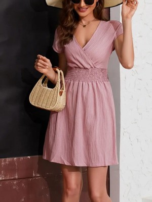 Passense Kadın Kısa Kollu Kruvaze Yaka Beli Gipeli Bürümcük Elbise