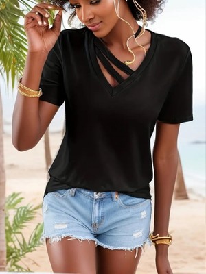 Mira Cotton Kadın Kısa Kollu V Yaka Şerit Detay Viskon Bluz