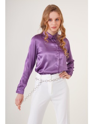 Gökyüzü Moda 3964 Hafif Dökümlü Saten Gömlek - Mor