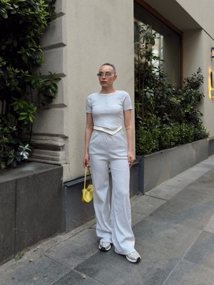 Zarif Kadın Düğme Yakalı Gri Alt Üst Takım S3943