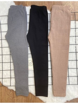 Tuna'ys Shopping Kız Çocuk 3'lü Tayt Takımı Yüksek Bel Fitilli Şardonlu Konforlu Tasarım