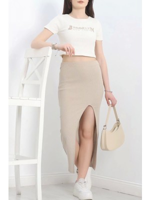 Zarif Kadın Nakışlı Etekli Takım Bej Beyaz S3899
