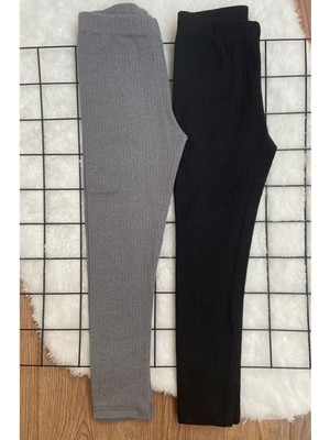 Kız Çocuk Gri Fitilli Şardonlu Yüksek Bel 2'li Tayt Takımı – Nefes Alabilen Kumaş, Rahat ve Esnek Kullanım