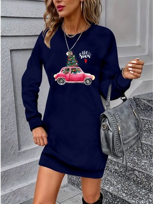 Nidam Butik Kadın Uzun Kollu Bisiklet Yaka Desenli Viskon Iki Iplik Elbise