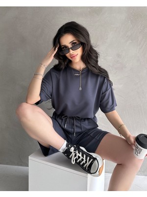 Kadın Modal Kumaş Oversize Kısa Kollu Kadın Eşofman Takımı, Şortlu, Bağcıklı Yumuşak Kumaş