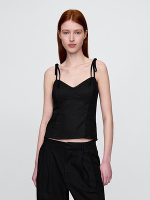 Kadın Siyah Keten Karışımı Bağcıklı Cami Bluz