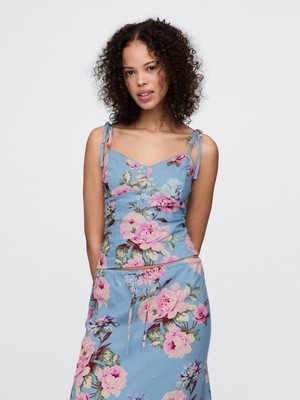 Kadın Çiçek Desenli Keten Karışımı Bağcıklı Cami Bluz