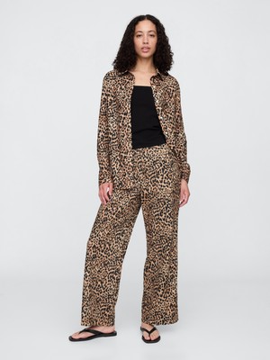 Kadın Kahverengi Mid Rise Keten Karışımlı Pull-On Wide-Leg Pantolon